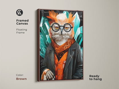 A framed canvas displays the professor owl artwork. The brown floating frame accentuates the surreal crystal details. Emerald orange and black hues bring this academic piece to life. It's a perfect gift for professors looking to enhance their office decor. The art adds an intellectual and creative touch to any space.