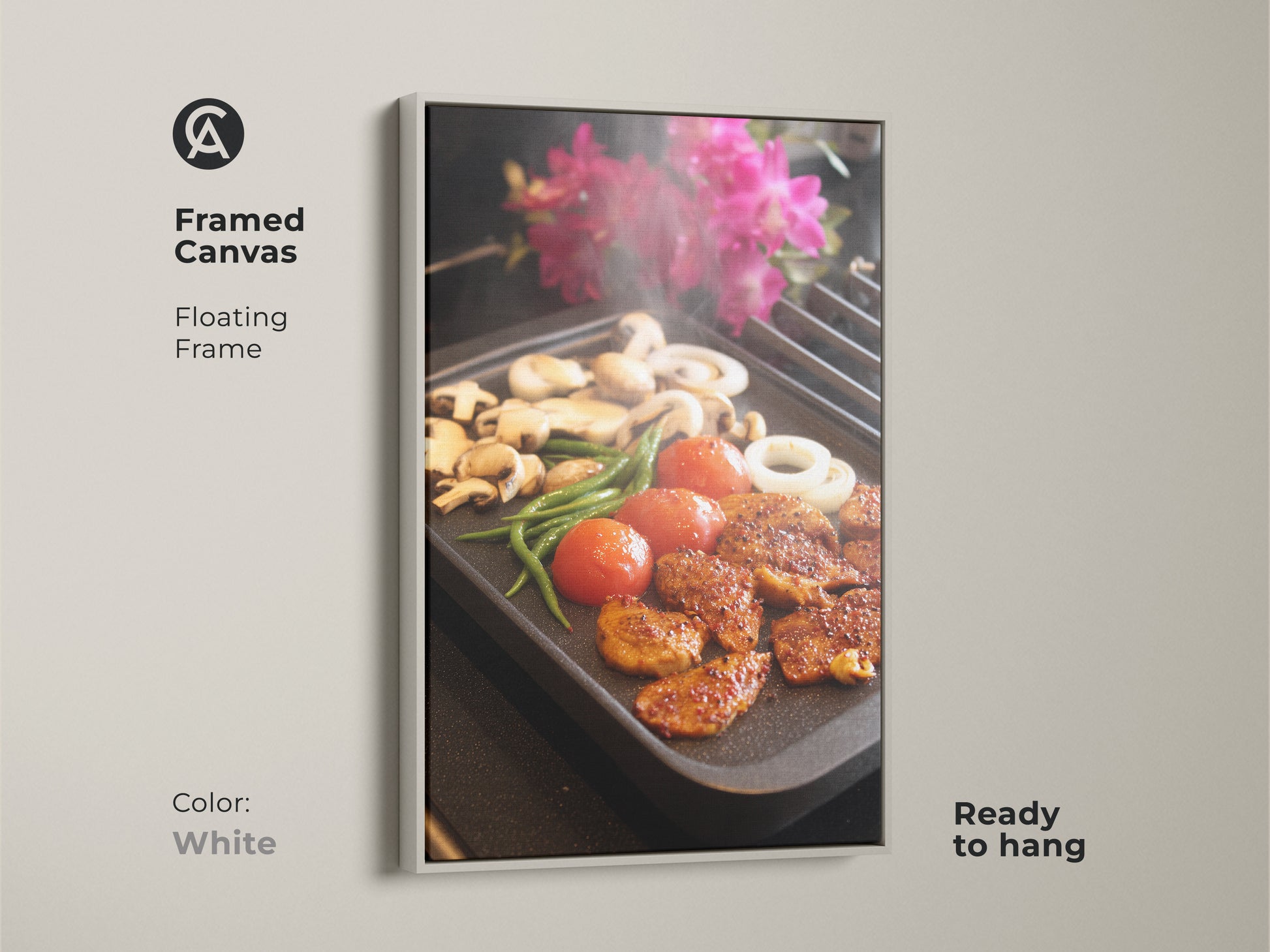 White framed canvas of grilling food wall art is ready to hang. Kitchen canvas print brings contemporary home decor. Modern food art is a foodie gift idea. This home cook present is a housewarming gift art. Realistic cooking art shows still life food prints.