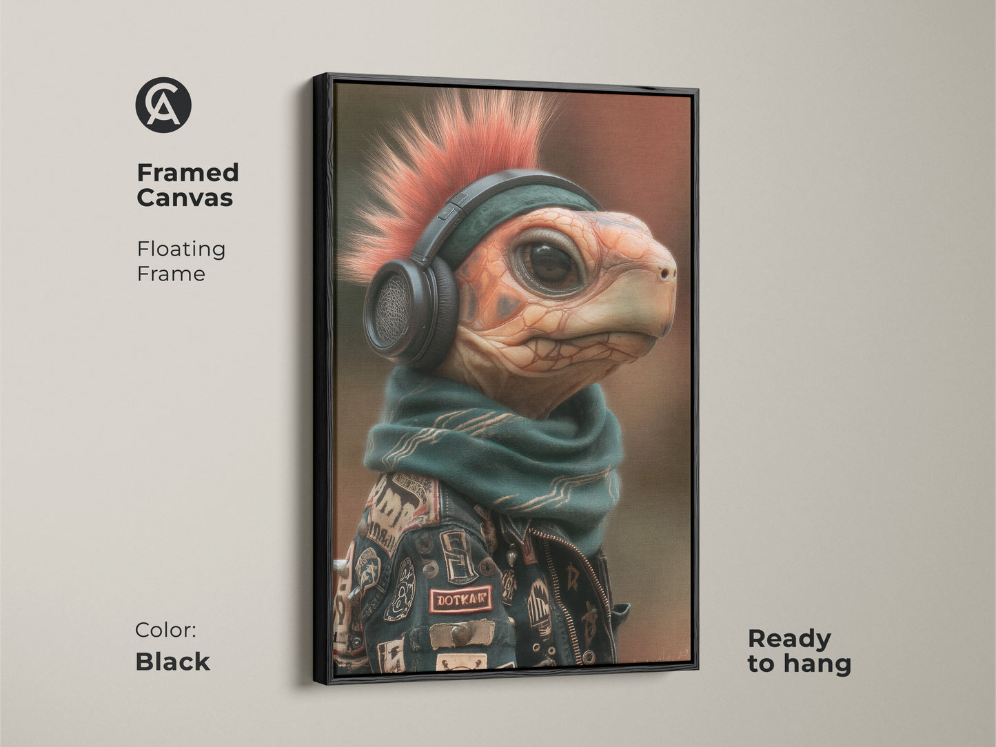 Framed Canvas Mohawk Turtle Artwork. The art is a floating frame in black and ready to hang. It is a great option as an animal pop culture art. The turtle has a mohawk headphones scarf and jacket. Add alternative music decor to your home bar with this quirky animal artwork.