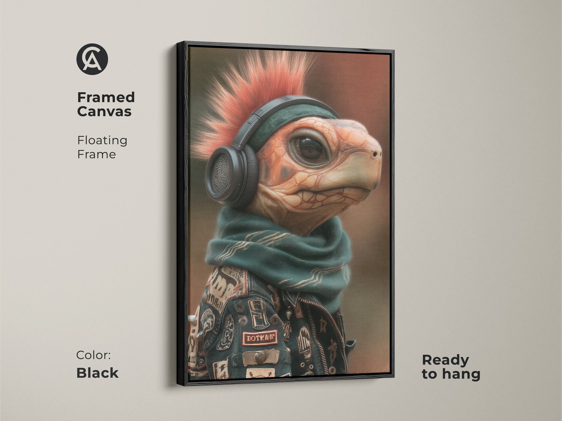 Framed Canvas Mohawk Turtle Artwork. The art is a floating frame in black and ready to hang. It is a great option as an animal pop culture art. The turtle has a mohawk headphones scarf and jacket. Add alternative music decor to your home bar with this quirky animal artwork.