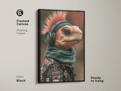 Framed Canvas Mohawk Turtle Artwork. The art is a floating frame in black and ready to hang. It is a great option as an animal pop culture art. The turtle has a mohawk headphones scarf and jacket. Add alternative music decor to your home bar with this quirky animal artwork.
