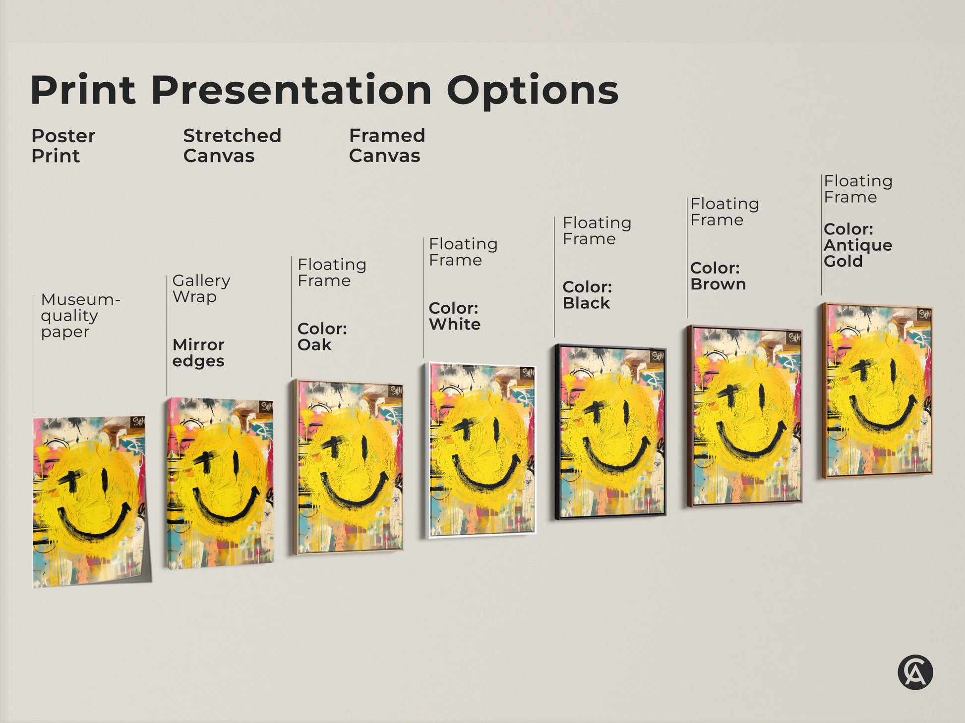 Explore our print presentation options including poster prints stretched canvas and framed canvas. Each option showcases the vibrant smiley face artwork in stunning detail. Choose the perfect style to match your home decor. From museum-quality paper to gallery-wrapped edges find the ideal art piece today