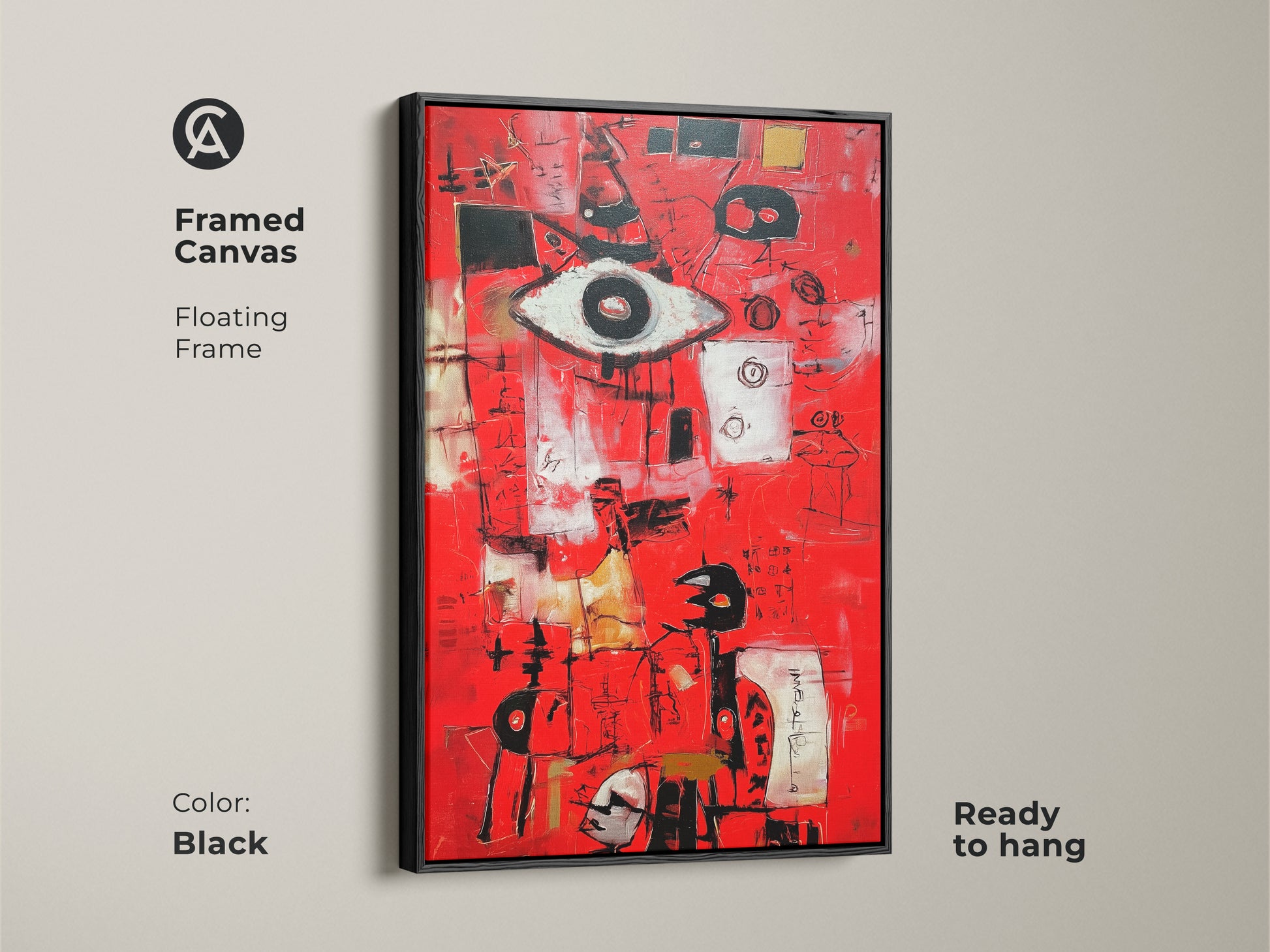 Framed canvas featuring an vivid abstract artwork. The modern painting is displayed in a black floating frame. The red artwork features an eye symbol with abstract shapes. This framed art is ready to hang in your home.