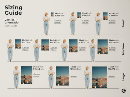 Sizing guide for vertical orientation artwork. Find the perfect fit for your space. We offer small medium and large sizes in canvas and poster prints. Transform your walls with stunning art that matches your personal style.