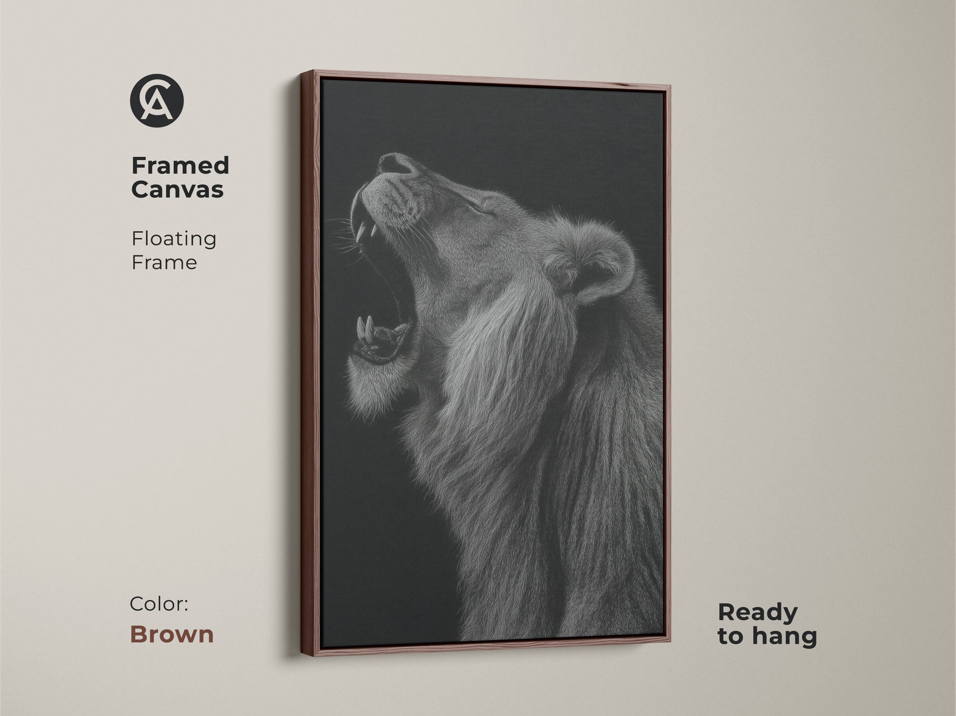 Framed canvas with a floating frame in a rich brown color. This monochrome canvas art is ready to hang. Add wildlife wall decor to your space with this roaring lion artwork. This animal portrait print enhances any room's aesthetic. The black and white artwork creates a modern look.