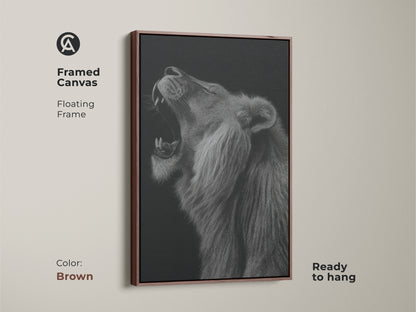 Framed canvas with a floating frame in a rich brown color. This monochrome canvas art is ready to hang. Add wildlife wall decor to your space with this roaring lion artwork. This animal portrait print enhances any room's aesthetic. The black and white artwork creates a modern look.