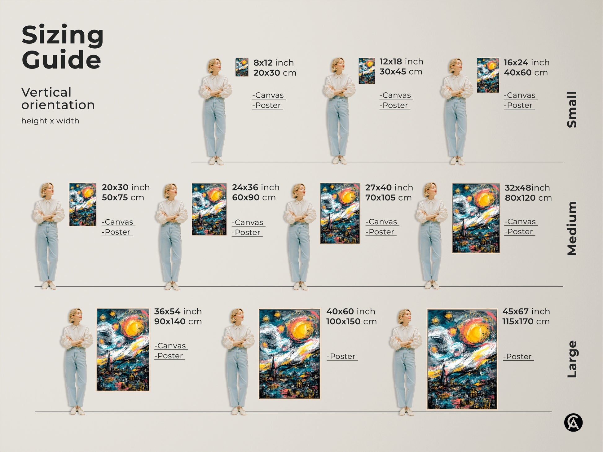 Find the perfect size for your space with our vertical orientation sizing guide. This artwork is available as canvas or poster. Sizes range from small to large. Transform your home with a custom art piece.