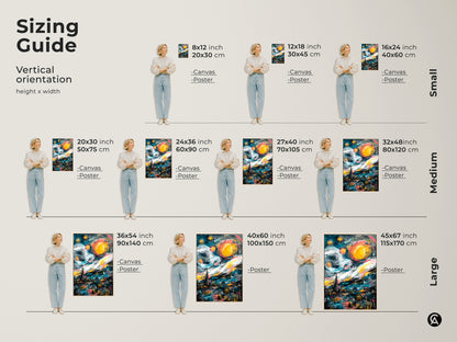 Find the perfect size for your space with our vertical orientation sizing guide. This artwork is available as canvas or poster. Sizes range from small to large. Transform your home with a custom art piece.
