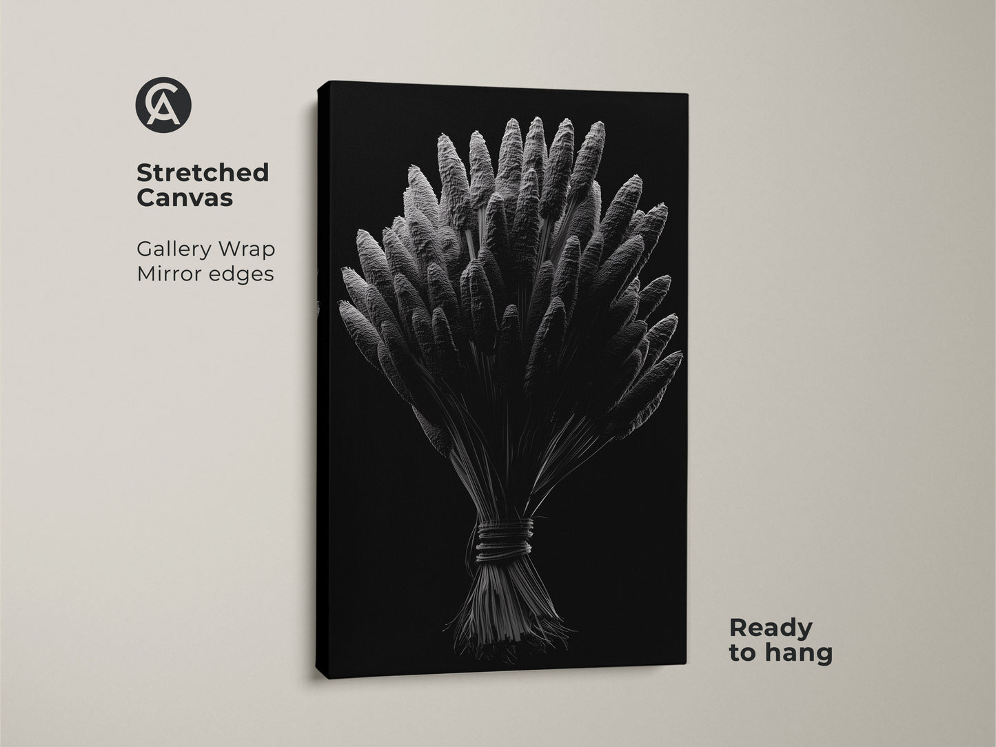 Stretched canvas gallery wrap featuring botanical artwork. The silver wheat illustration has mirrored edges. It is ready to hang. Discover canvas art prints. Transform your home with elegant wall decor today.