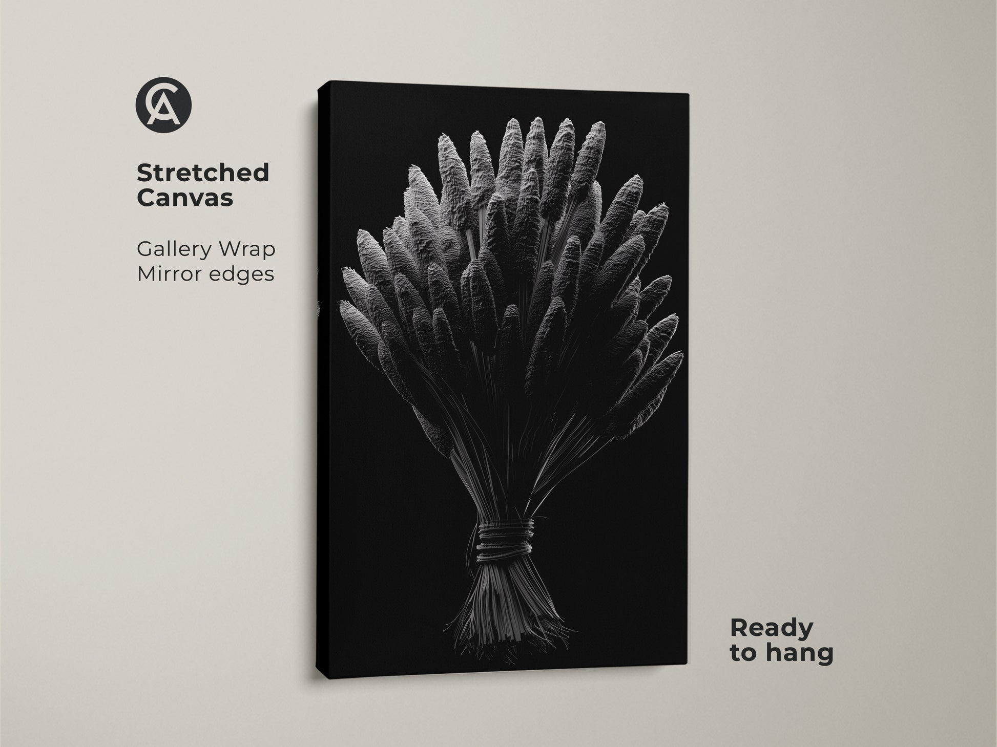 Stretched canvas gallery wrap featuring botanical artwork. The silver wheat illustration has mirrored edges. It is ready to hang. Discover canvas art prints. Transform your home with elegant wall decor today.