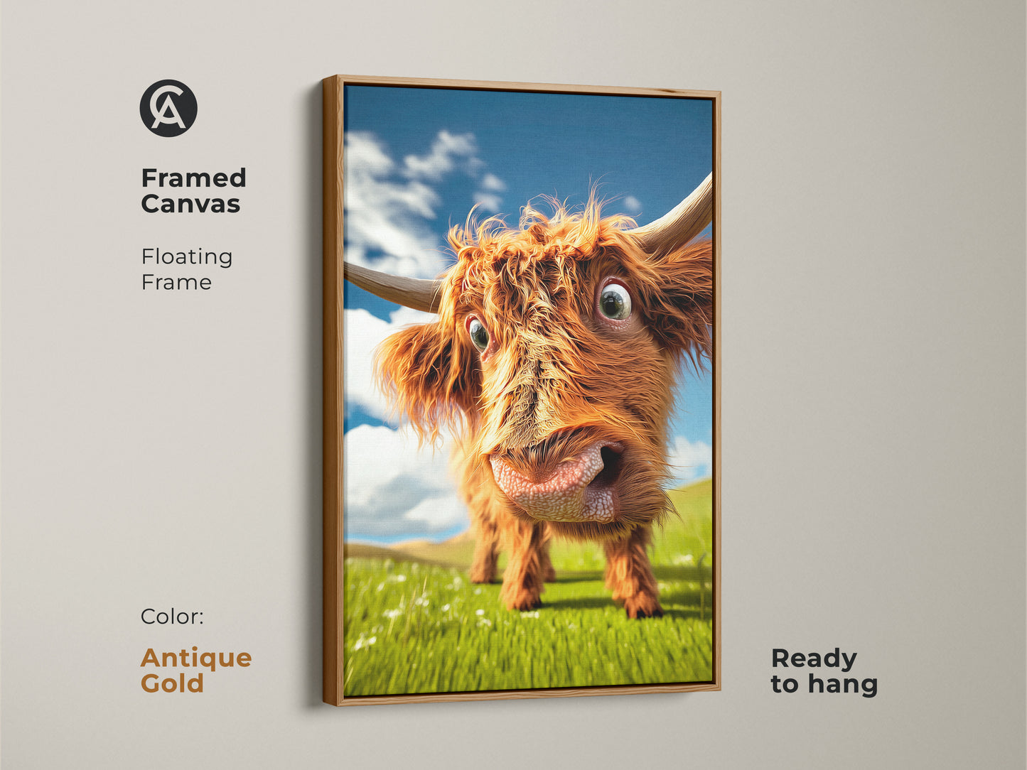 The antique gold floating frame highlights this funny Highland cow print. This canvas art adds character to any room. Ready to hang it's a unique farmhouse gift. Perfect art for a country kitchen or cozy bedroom.