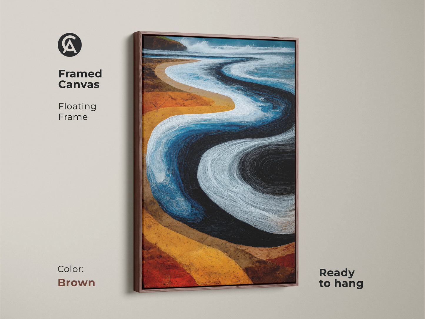 Brown framed canvas of abstract beach art. A floating frame enhances the coastal artwork. Ready to hang in any room. This boho wall art features blue and orange tones. A textured ocean waves wall hanging.