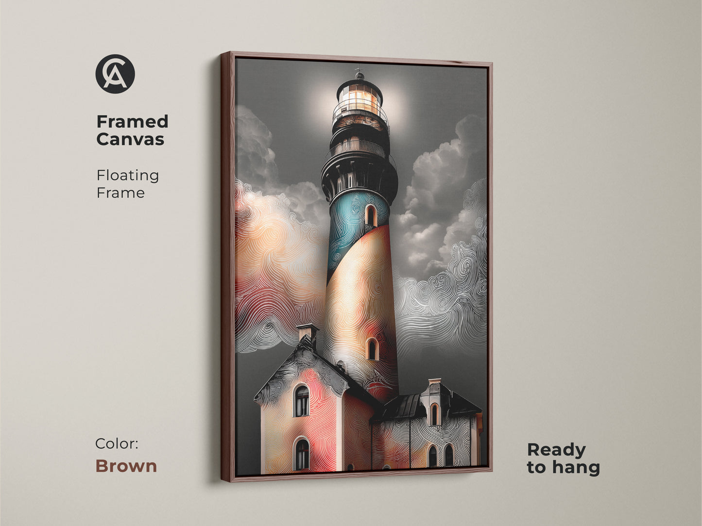 Framed coastal lighthouse art with a brown floating frame. Teal orange and grey palette complement this nautical canvas. This ready-to-hang artwork adds a touch of maritime charm. Coastal print for entry.