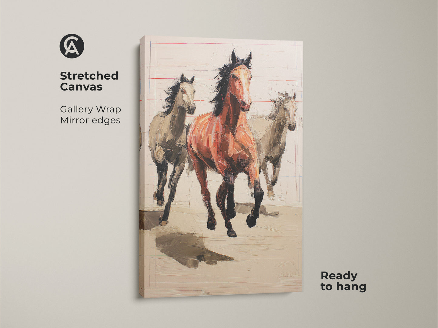Stretched canvas print of running horses artwork ready to hang. Gallery wrapped with mirrored edges. The expressionist art features terracotta equestrian figures for rustic bedroom decor.