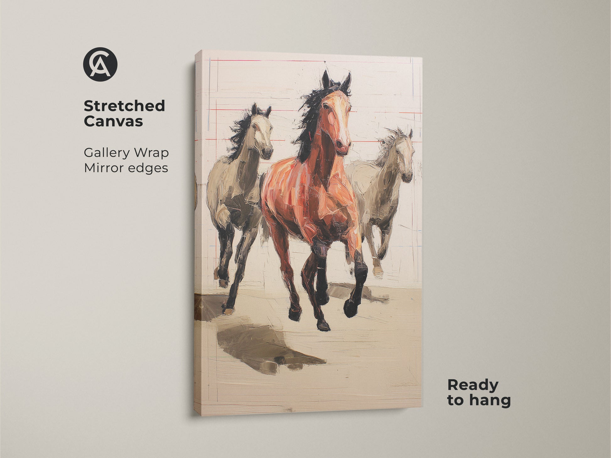 Stretched canvas print of running horses artwork ready to hang. Gallery wrapped with mirrored edges. The expressionist art features terracotta equestrian figures for rustic bedroom decor.