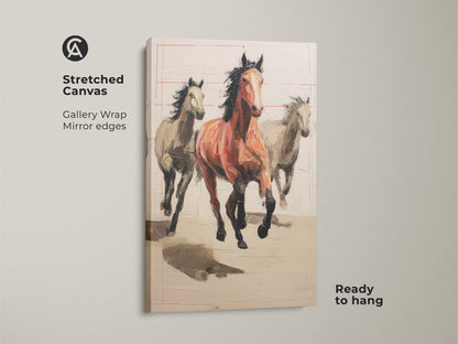 Stretched canvas print of running horses artwork ready to hang. Gallery wrapped with mirrored edges. The expressionist art features terracotta equestrian figures for rustic bedroom decor.