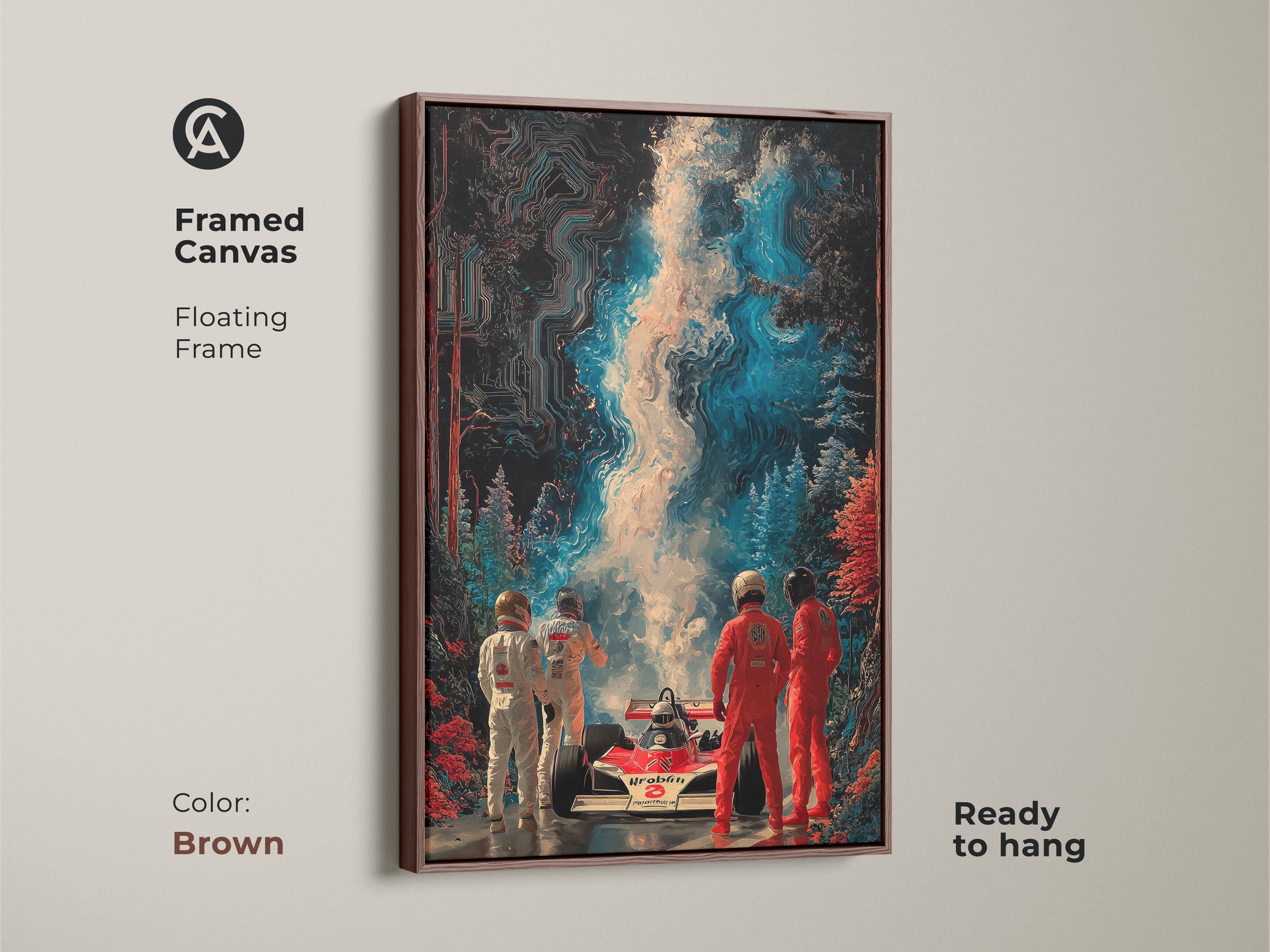 This abstract Formula 1 canvas art features a brown floating frame. The contemporary speed art is ready to hang. This racing inspired artwork makes a great Formula 1 fan present and modern garage art.
