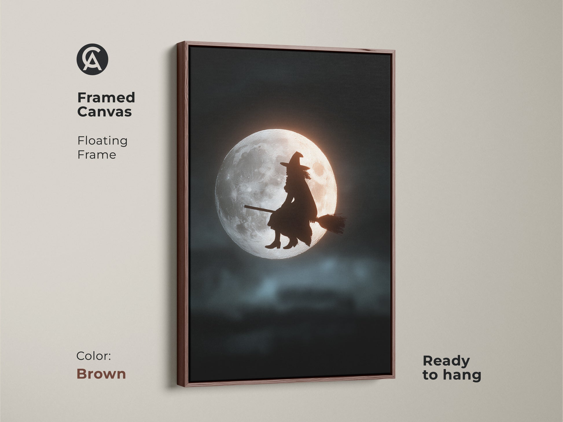 Framed canvas art featuring a witch silhouette against a moon. The brown floating frame adds warmth to this witch on broom art. It's a dark fantasy wall decor piece ready to hang. Perfect for Halloween night art prints.
