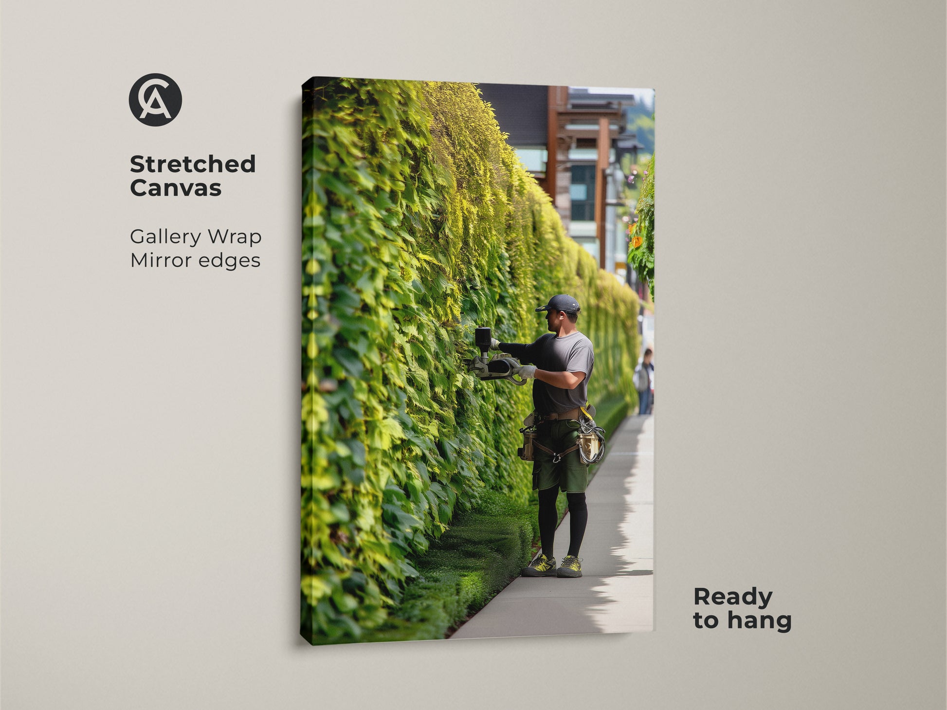 Stretched canvas gallery wrap featuring a gardener trimming ivy. The mirror edges add depth to this ready to hang artwork. Ideal for nature lovers seeking a contemporary home accent.