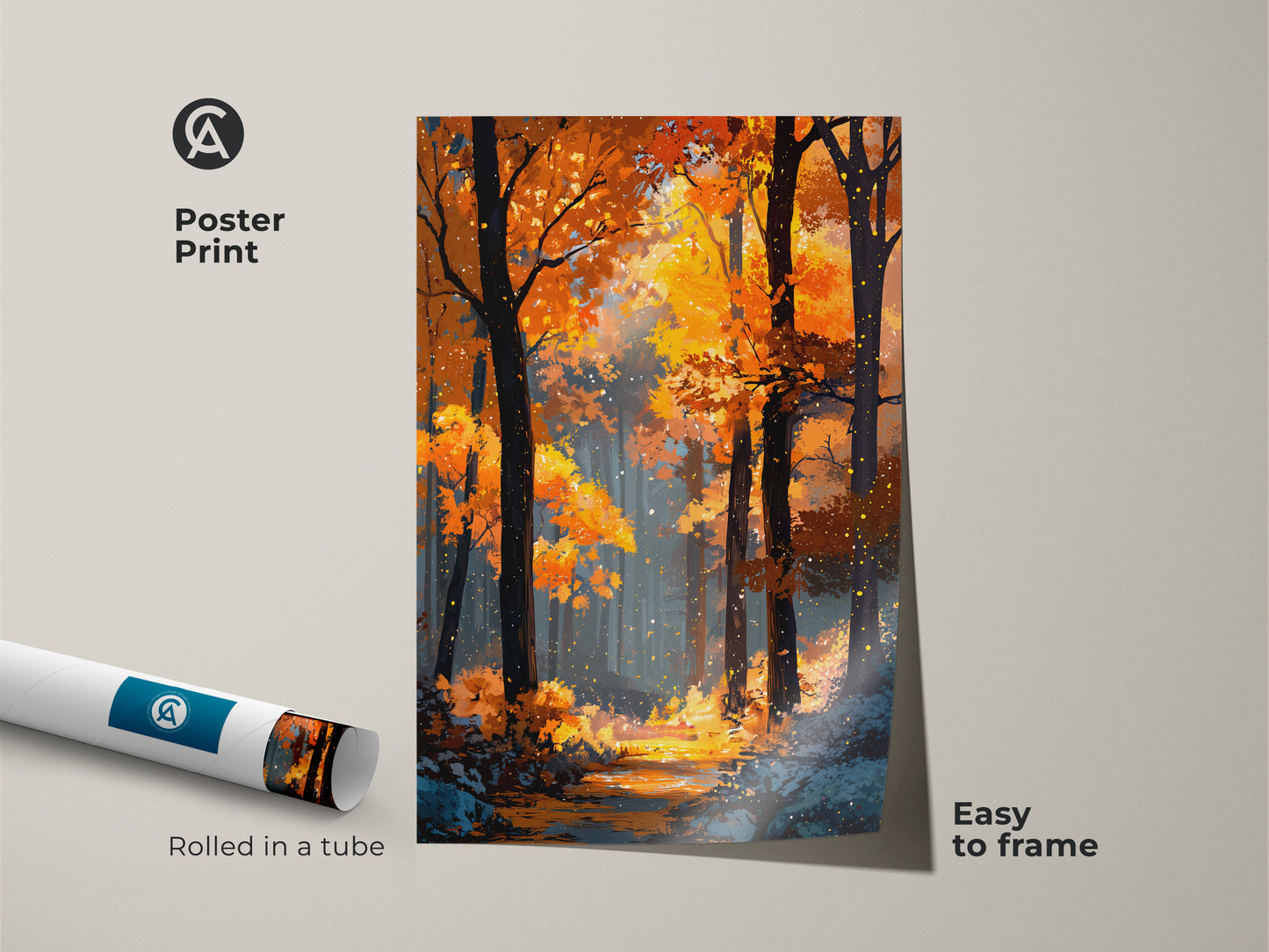 Poster print featuring a stunning autumn forest scene. The artwork captures the beauty of fall foliage and a serene stream. Rolled in a tube for easy framing. Perfect for adding a touch of nature to your walls.