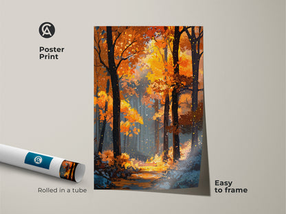 Poster print featuring a stunning autumn forest scene. The artwork captures the beauty of fall foliage and a serene stream. Rolled in a tube for easy framing. Perfect for adding a touch of nature to your walls.