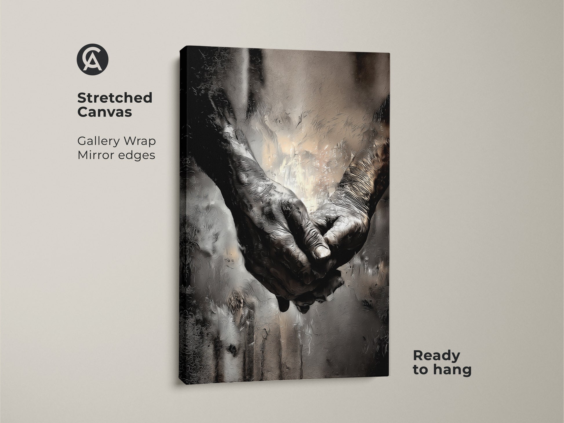 Gallery wrapped stretched canvas featuring elderly hands intertwined. Monochrome abstract art expressing empathy and support. Ready to hang this contemporary art in your home or bedroom. A couples gift.