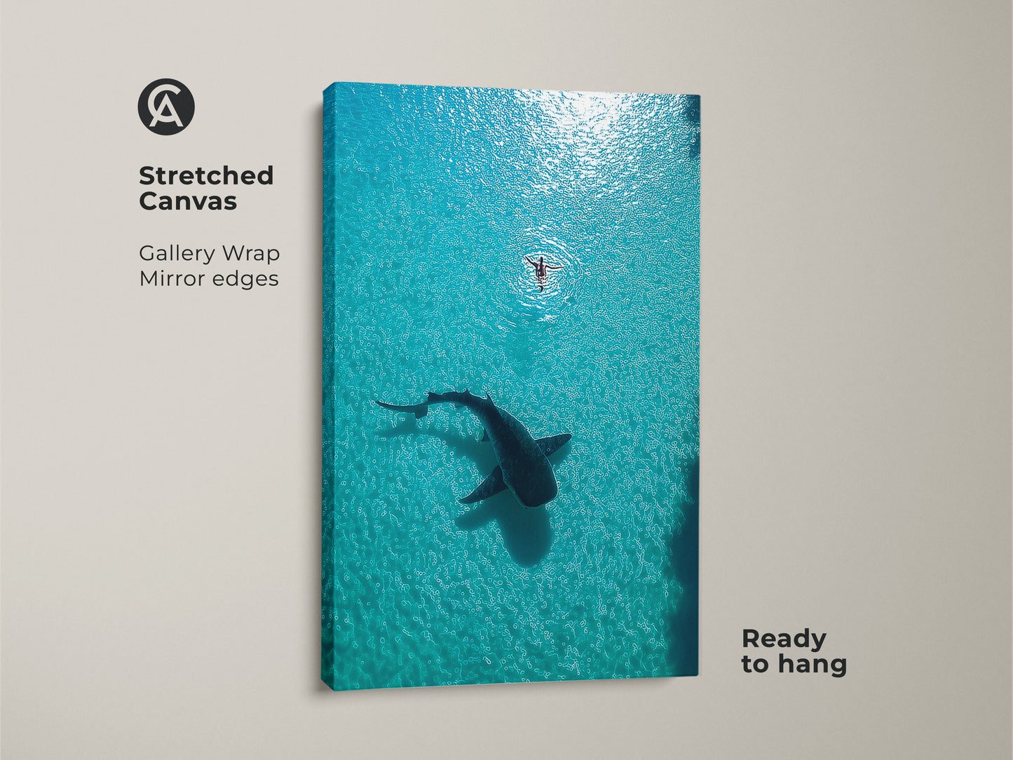 Stretched Canvas Gallery Wrap artwork featuring an aerial view of a whale shark and swimmer. This turquoise ocean art is ready to hang. A minimalist ocean decor that brings coastal wildlife charm to any space. Ideal gift for ocean lovers.