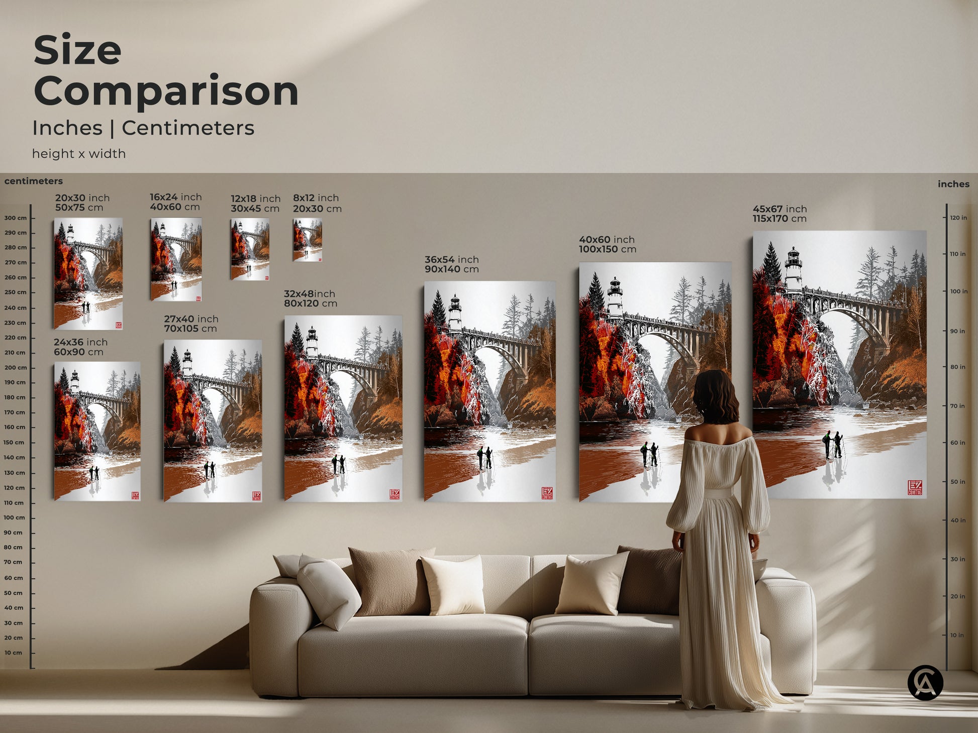 Compare sizes of lighthouse bridge art in inches and centimeters. See how the artwork fits above a sofa. This scenic orange red coastal landscape print is ideal for home decor. Perfect for creating a travel-themed space or a cozy farmhouse entryway. A great conversation piece for any adventurer's room.