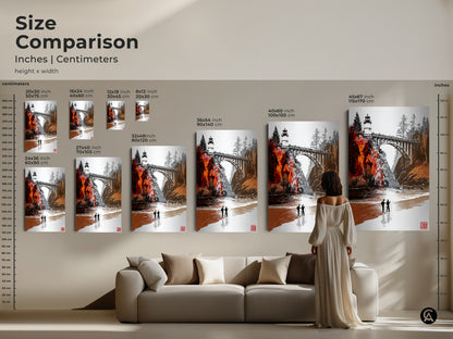 Compare sizes of lighthouse bridge art in inches and centimeters. See how the artwork fits above a sofa. This scenic orange red coastal landscape print is ideal for home decor. Perfect for creating a travel-themed space or a cozy farmhouse entryway. A great conversation piece for any adventurer's room.