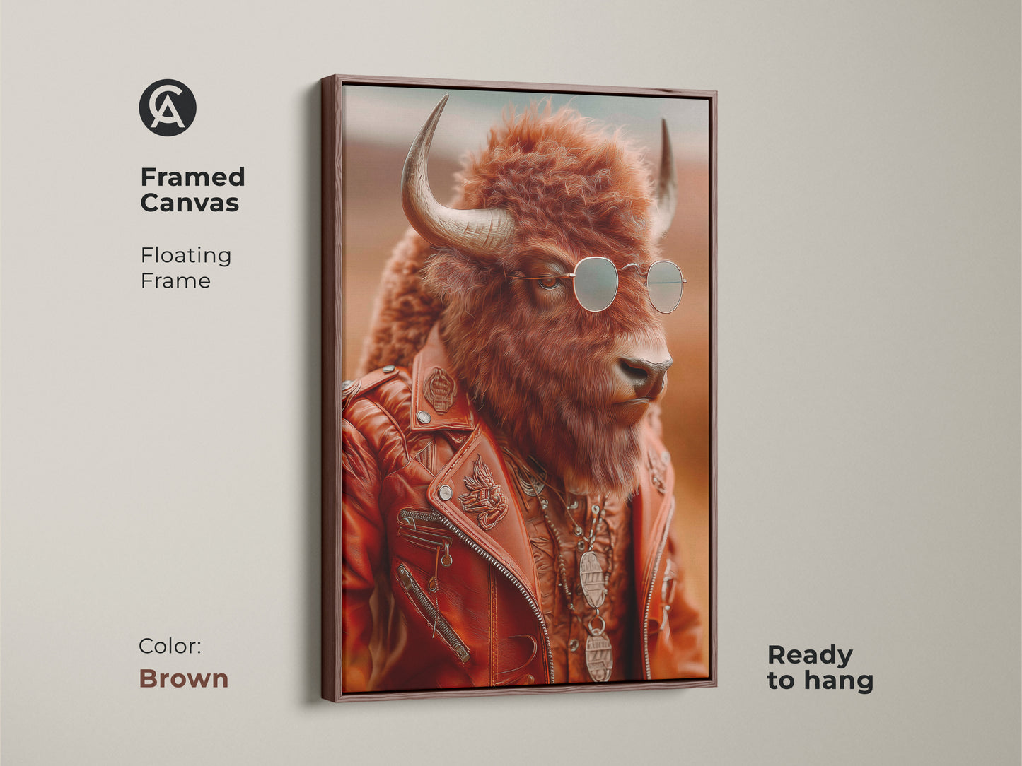 Framed canvas print with a brown floating frame showcasing a retro animal portrait. The artwork features a bison with sunglasses and a leather jacket. This unique creature portrait is ready to hang. It enhances western style wall art.