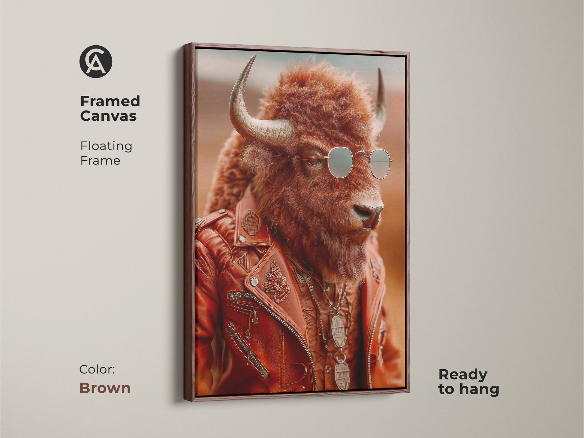 Framed canvas print with a brown floating frame showcasing a retro animal portrait. The artwork features a bison with sunglasses and a leather jacket. This unique creature portrait is ready to hang. It enhances western style wall art.