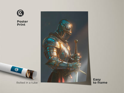 Poster print of a knight with sword art. This medieval armor poster arrives rolled in a tube. The dark academia print is easy to frame. This historical figure print in teal and gold is perfect for study room wall decor. A unique fantasy knight artwork for your space.