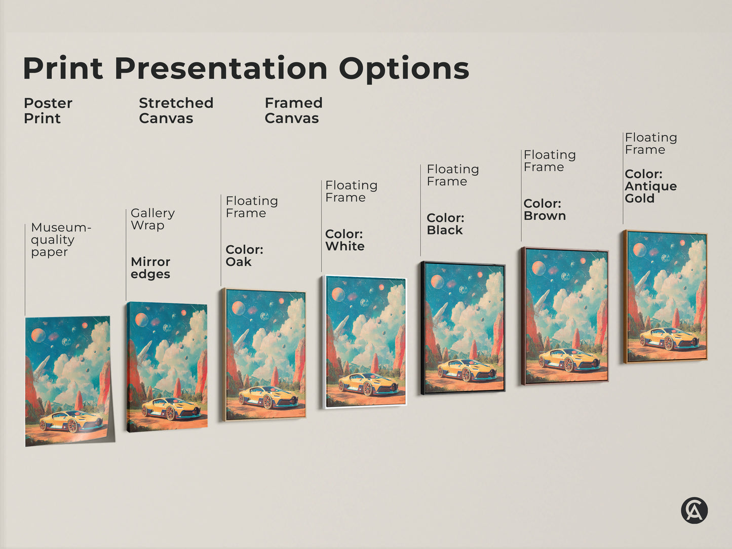 A sizing guide featuring this retro futurism canvas print. Visualize how the yellow sports car and rocket art fits in various spaces. Sizes range from small to large. The sci-fi automotive art is perfect for game rooms offices or car themed decor.