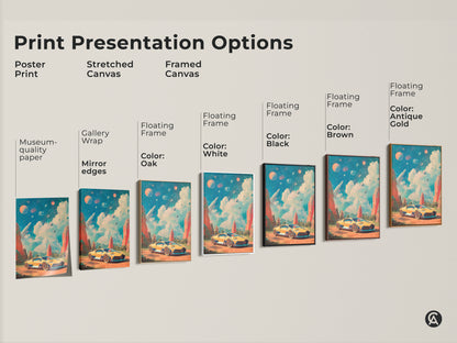 A sizing guide featuring this retro futurism canvas print. Visualize how the yellow sports car and rocket art fits in various spaces. Sizes range from small to large. The sci-fi automotive art is perfect for game rooms offices or car themed decor.