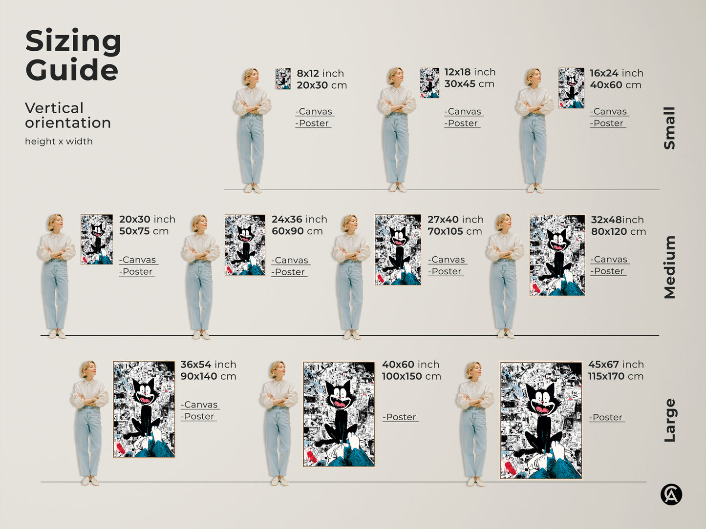 Sizing guide for vertical black cat artwork. Available in small medium and large sizes. Choose from canvas or poster prints. Find the ideal size to complement your living space with this fun art piece.