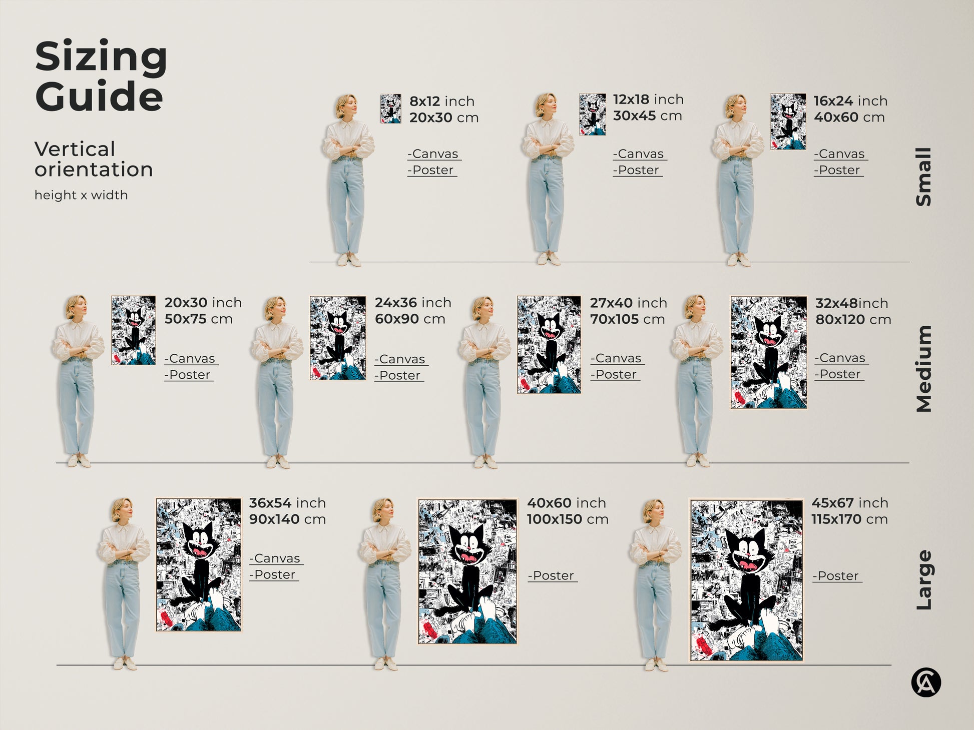 Sizing guide for vertical black cat artwork. Available in small medium and large sizes. Choose from canvas or poster prints. Find the ideal size to complement your living space with this fun art piece.