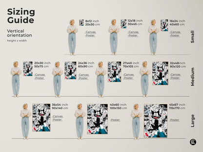 Sizing guide for vertical black cat artwork. Available in small medium and large sizes. Choose from canvas or poster prints. Find the ideal size to complement your living space with this fun art piece.