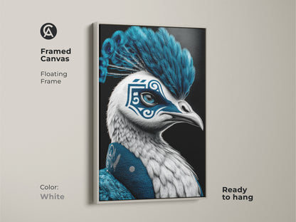 This framed canvas showcases the ornate peacock mask artwork. The white floating frame highlights the electric blue colors. Ready to hang this print adds a modern surreal touch to any collector's space.