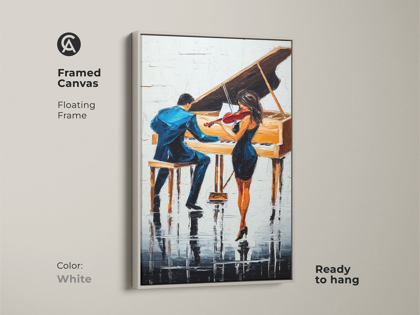 This framed canvas presents abstract piano artwork. It's ready to hang in a floating white frame. The couple art is perfect for a home office. The piece makes a sophisticated wall decor.