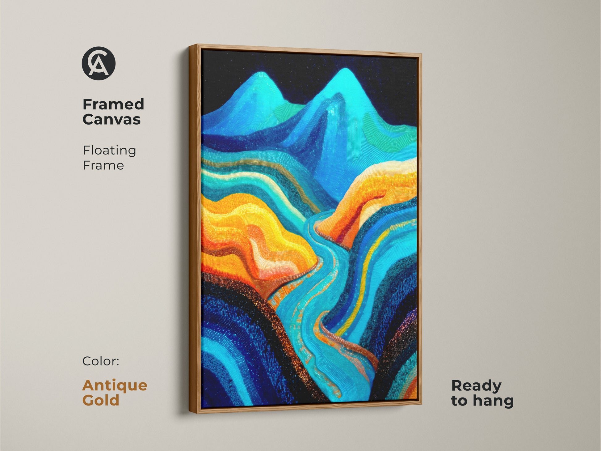 Framed canvas featuring a floating frame in antique gold. Contemporary artwork of an abstract mountain and river landscape. Deep blue aqua and orange hues create a modern art piece. Ready to hang.