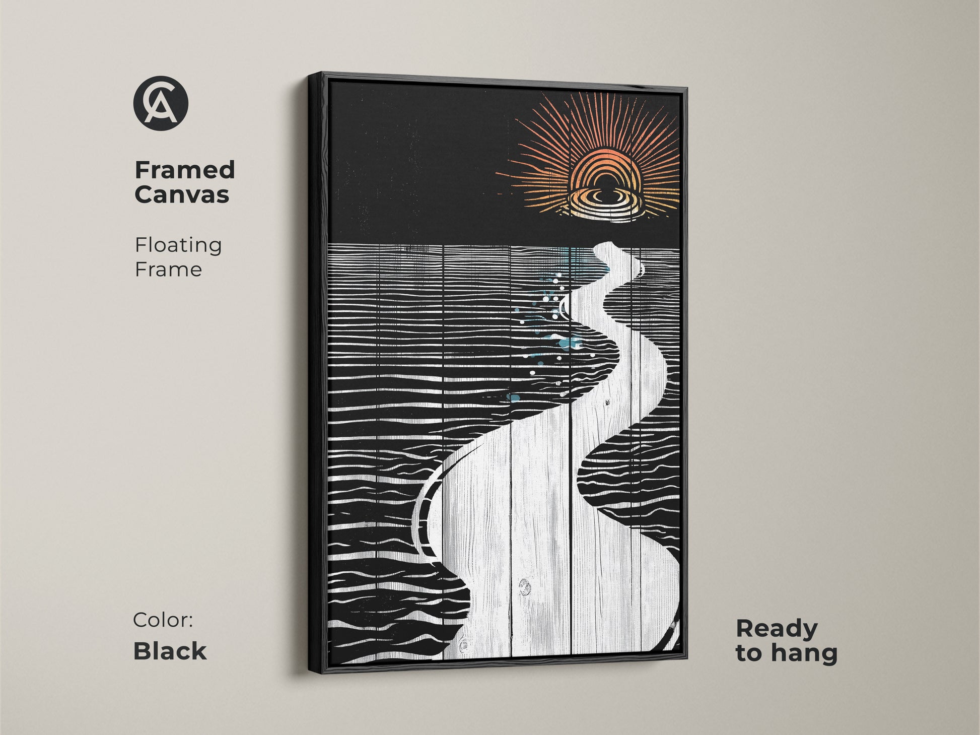 Framed canvas art in black featuring a minimalist abstract river sunset. The floating frame enhances the modern art look. Ready to hang in any space as wall art decor.