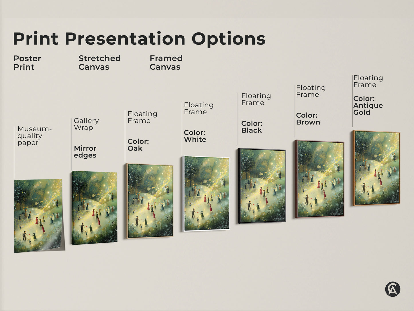 Print presentation options showcasing poster prints stretched canvas and framed canvas. Displaying the enchanting Boho Fairy Art Print. Options include floating frames in various colors to match any decor.