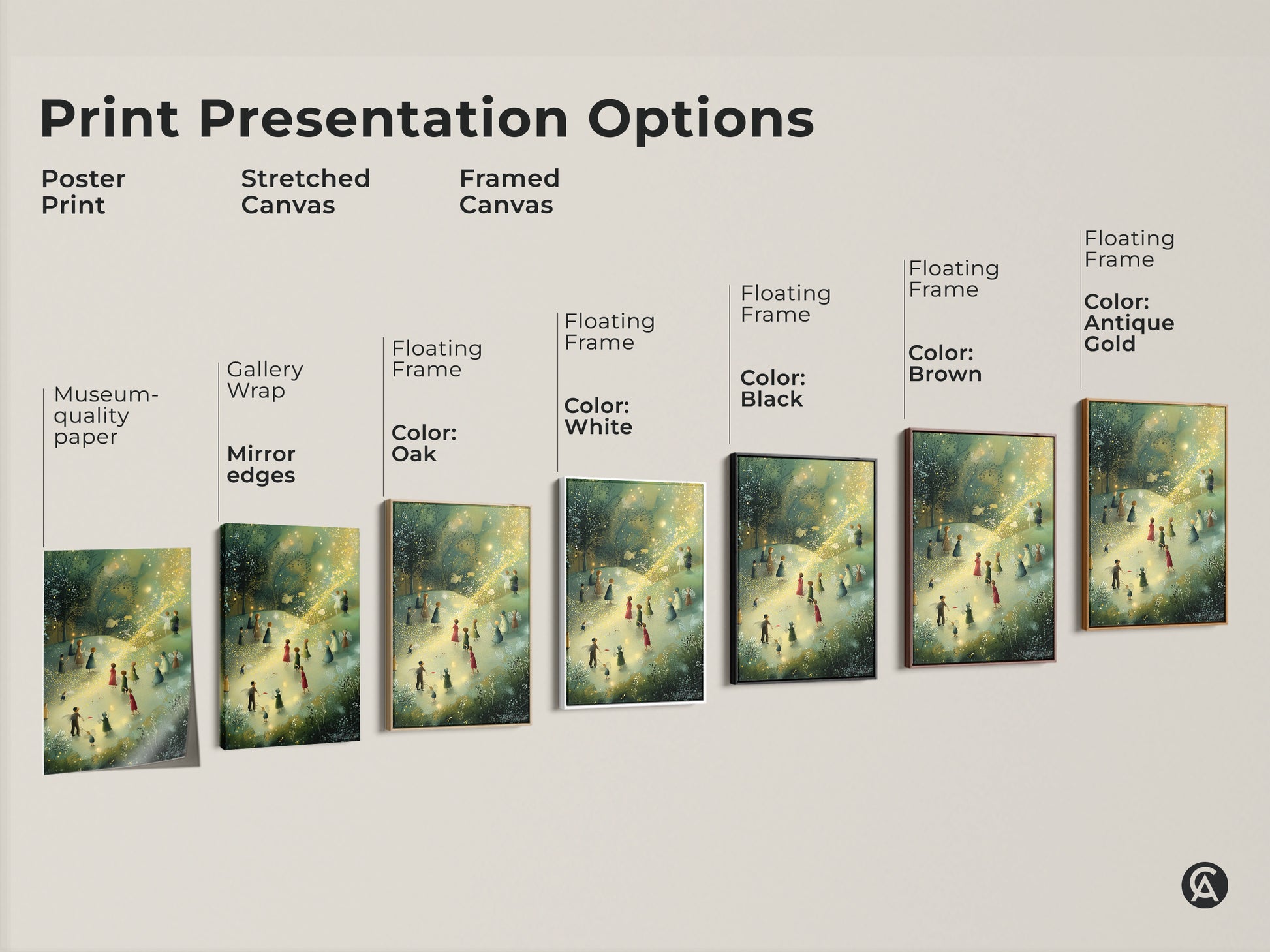 Print presentation options showcasing poster prints stretched canvas and framed canvas. Displaying the enchanting Boho Fairy Art Print. Options include floating frames in various colors to match any decor.