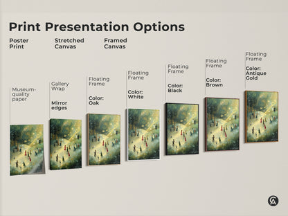 Print presentation options showcasing poster prints stretched canvas and framed canvas. Displaying the enchanting Boho Fairy Art Print. Options include floating frames in various colors to match any decor.
