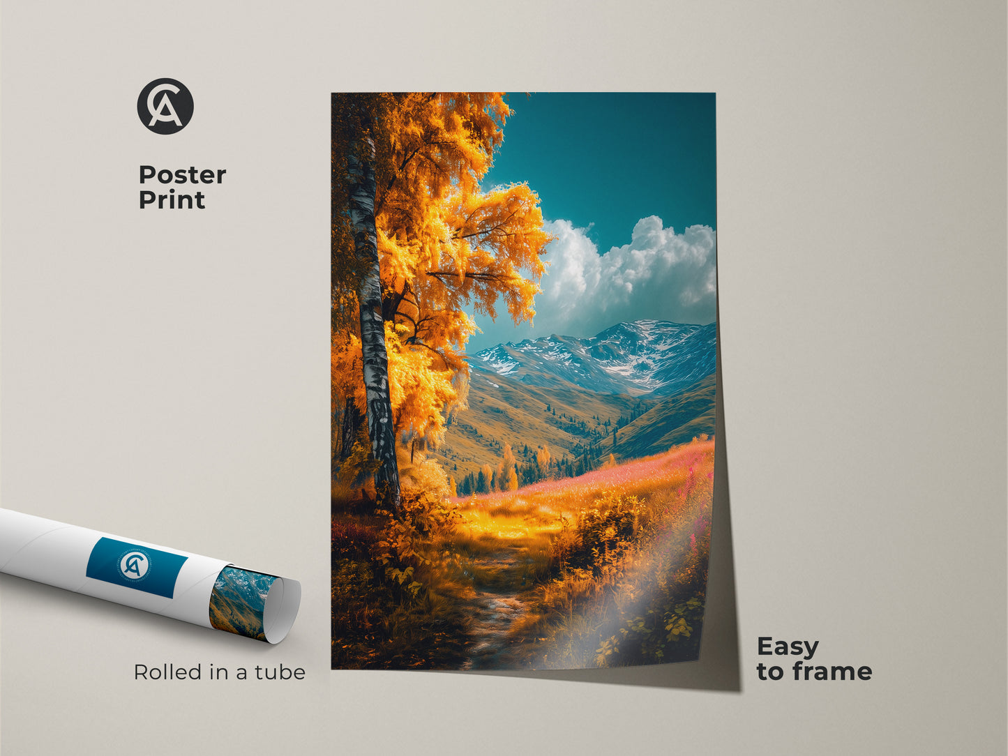 Elevate your space with this poster print of a golden autumn landscape. It shows a birch tree framed by snow-capped mountains. The artwork is easy to frame. Rolled in a tube for protection this fine art print captures the essence of fall.