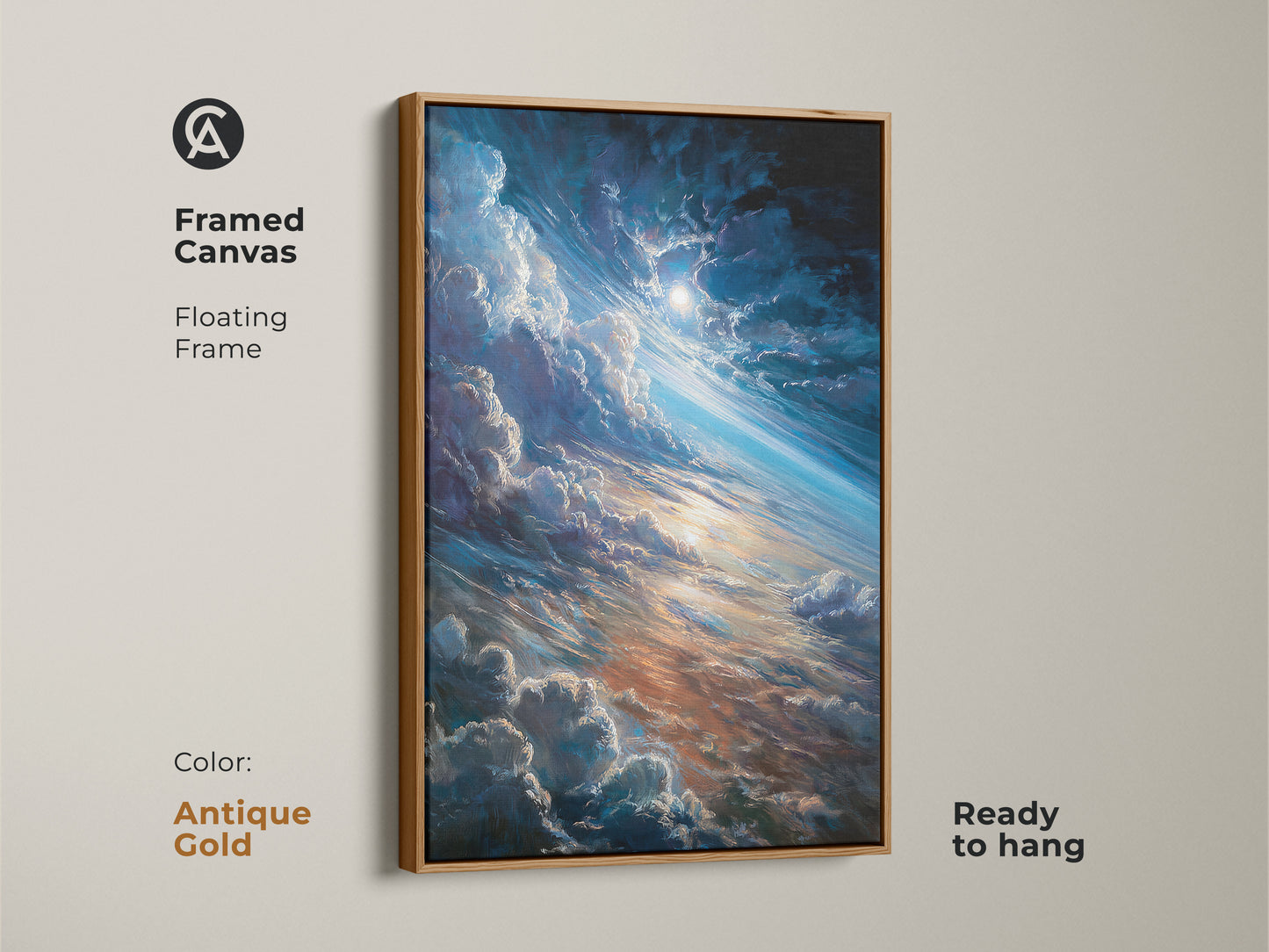Framed canvas art in an antique gold floating frame. The artwork presents a stunning space view with clouds and a radiant sun. This ready-to-hang piece adds cosmic beauty to any room. Transform your decor with beautiful space-themed art.