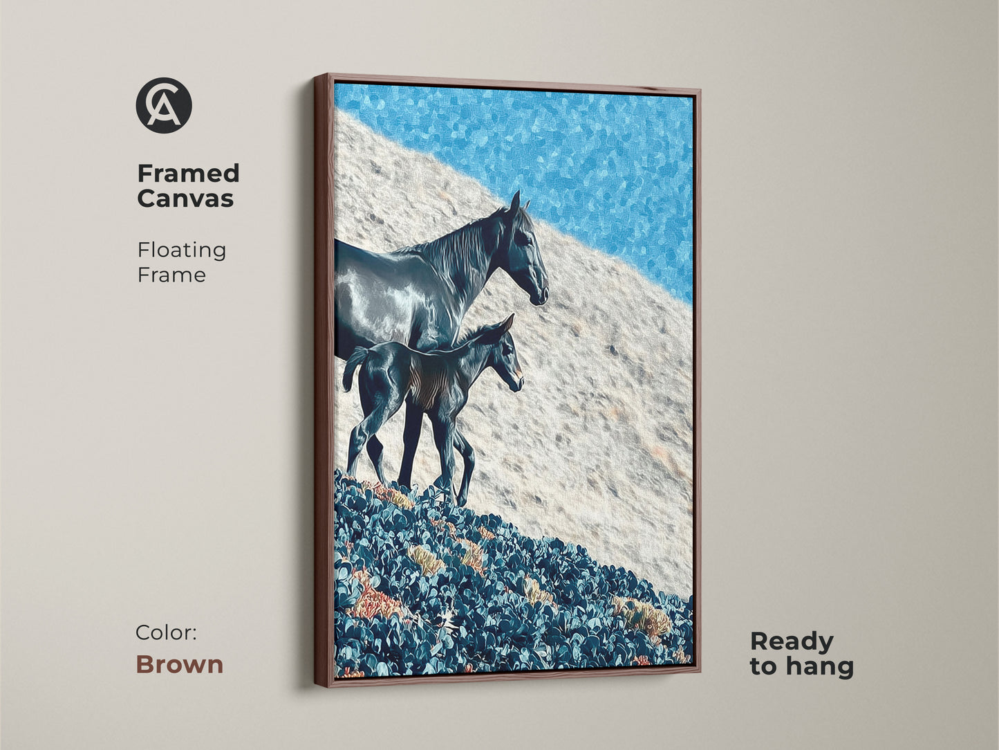 Framed canvas features a horse and foal in a floating frame. The impressionistic horse print is set against a deep blue sky. This animal wall decor gift is ready to hang in a brown frame. The frame color is brown.
