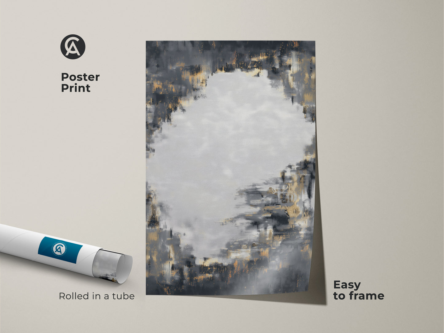 Poster print of a charcoal grey and gold abstract canvas art rolled in a tube. This modern abstract painting is easy to frame. It is a cost-effective way to add sophisticated art to your home or office. The textured brushstroke artwork adds a contemporary touch to any space.