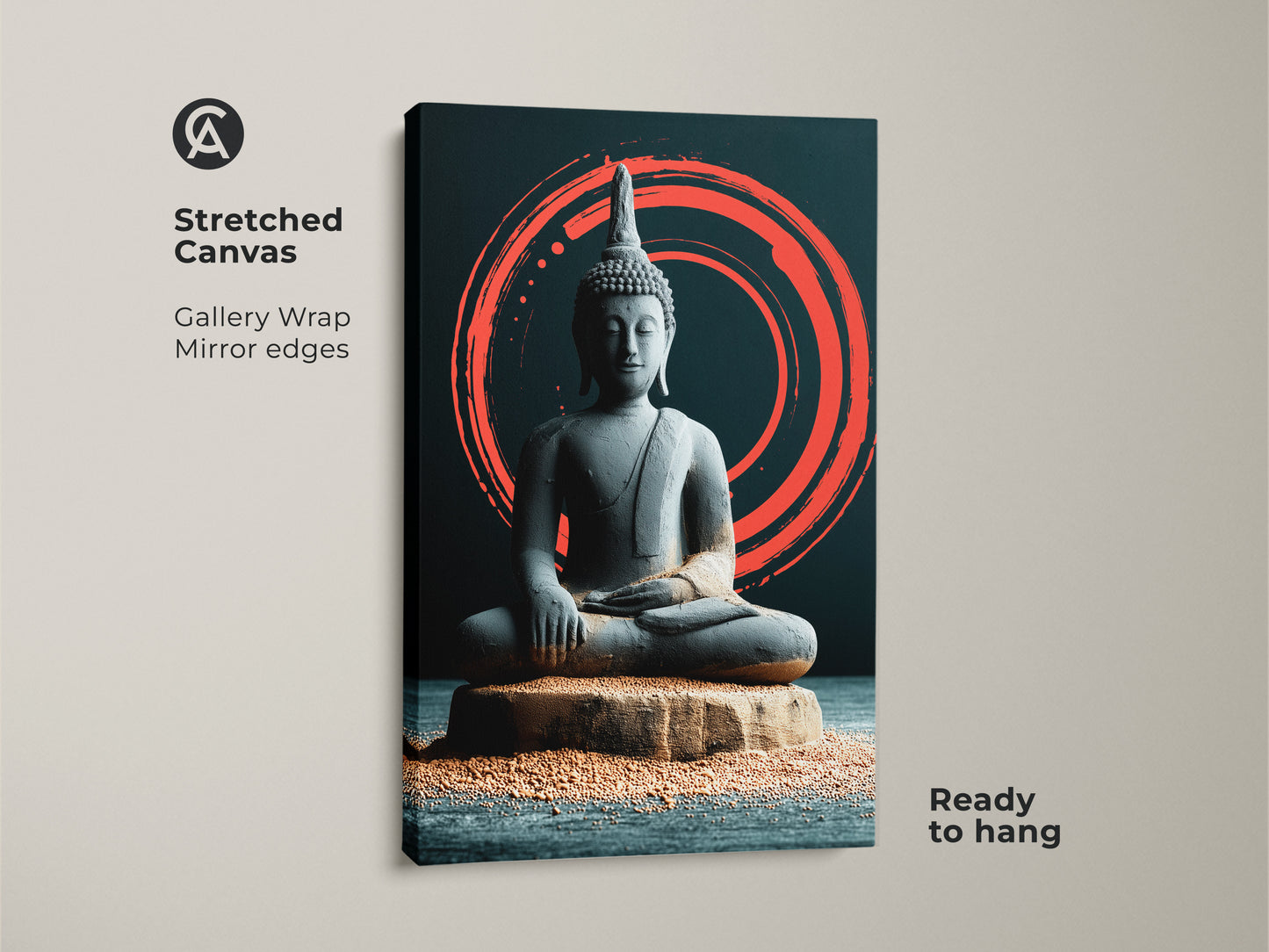 Stretched canvas showcasing Japandi Zen Buddha artwork. The gallery wrap with mirrored edges presents a minimalist meditation art piece. Coral Zen circle adds a spiritual touch to this ready-to-hang decor. A serene addition for any room.
