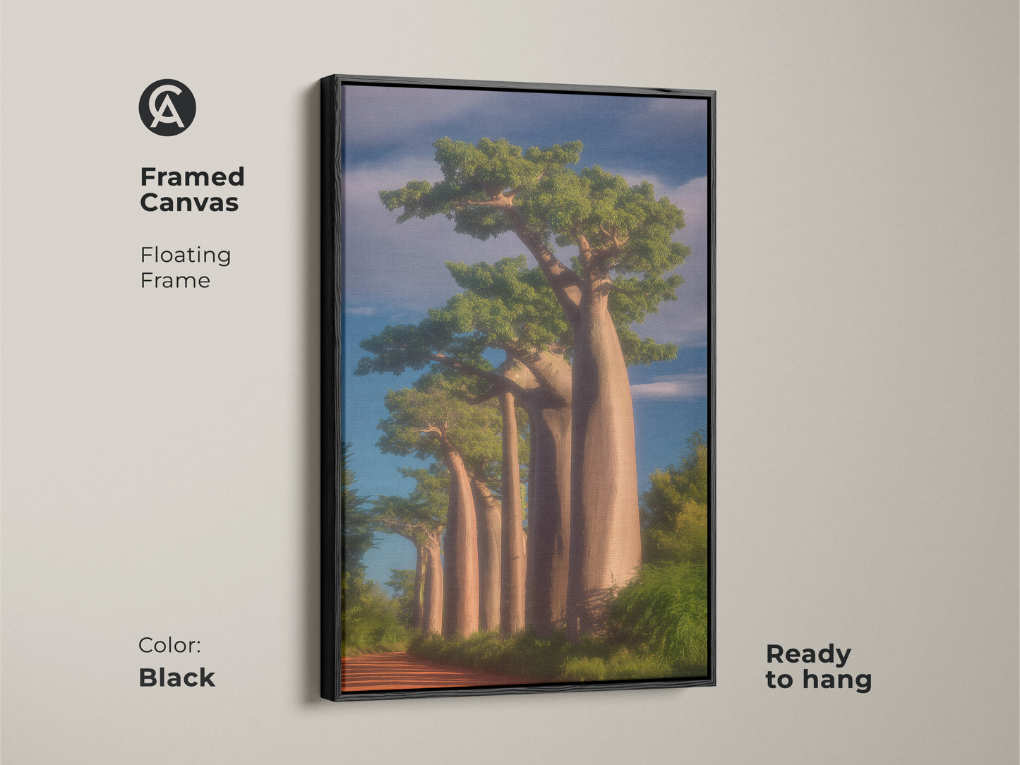 Framed canvas of realistic Baobab trees. This African landscape wall art enhances boho decor. The black floating frame showcases the nature painting. Ready to hang it's a perfect housewarming gift for travelers.